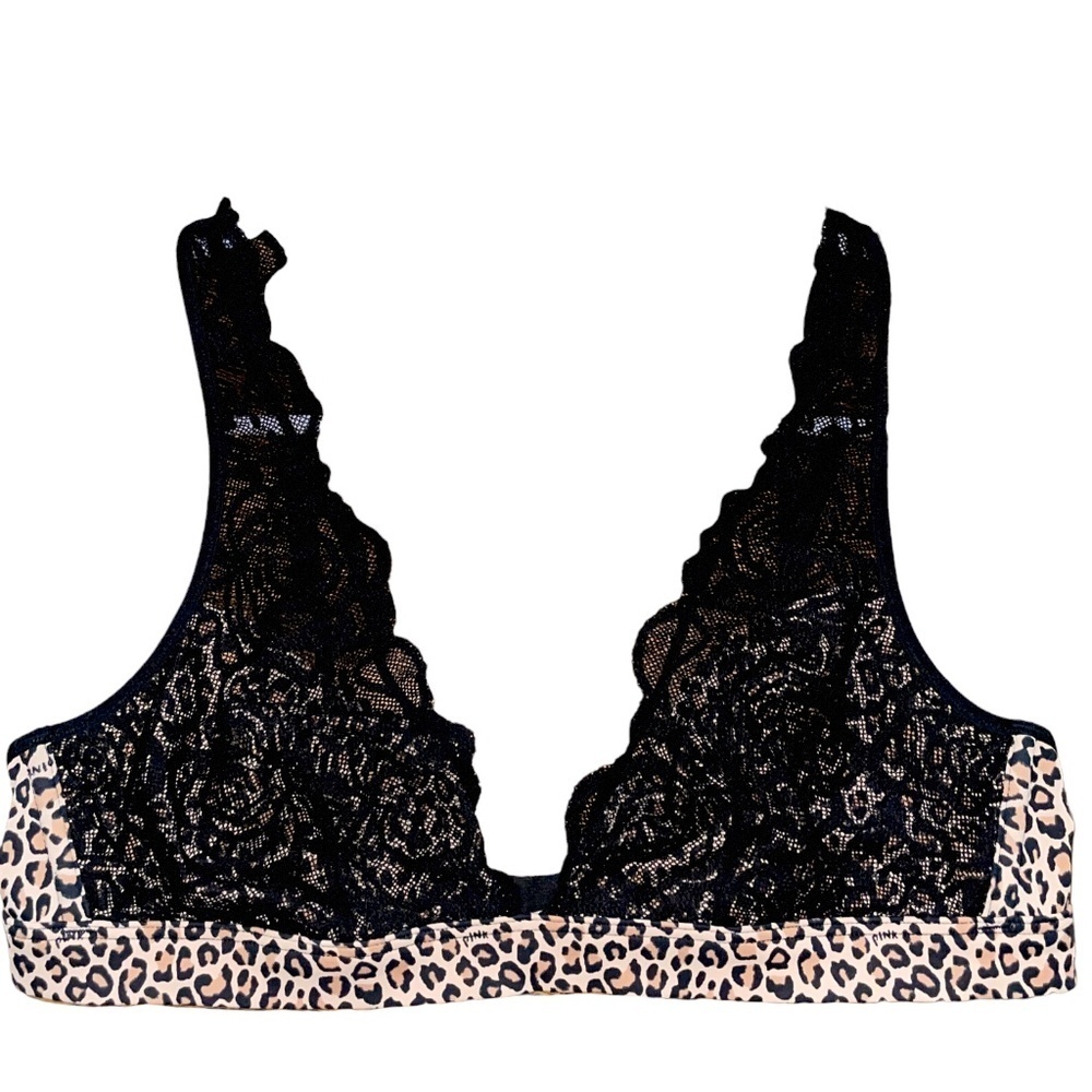 Victoria’s Secret PINK Unlined Plunge Bralette Lace Bra Black Animal Print M - Picture 5 of 10